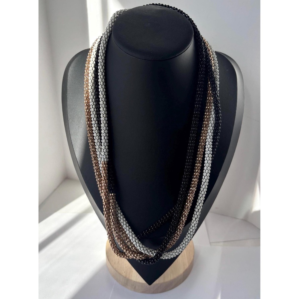 Long Woven Bead Rope Necklace 46" Black White Gold Multi Strand Boho